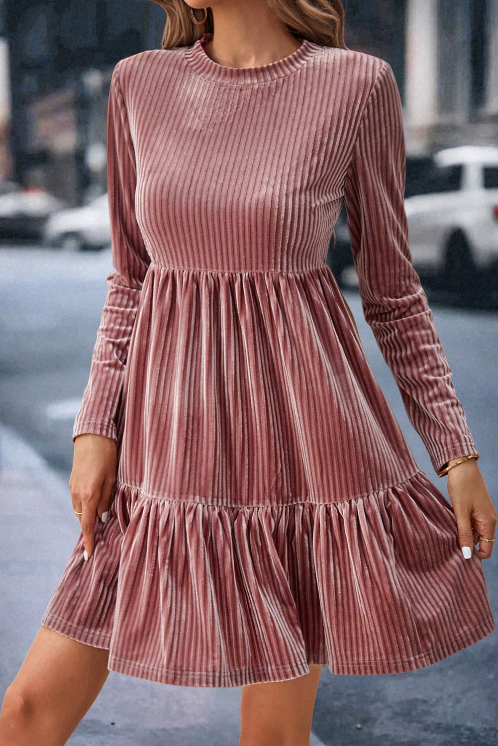 Pink Smocked Ribbed Velvet Babydoll Top