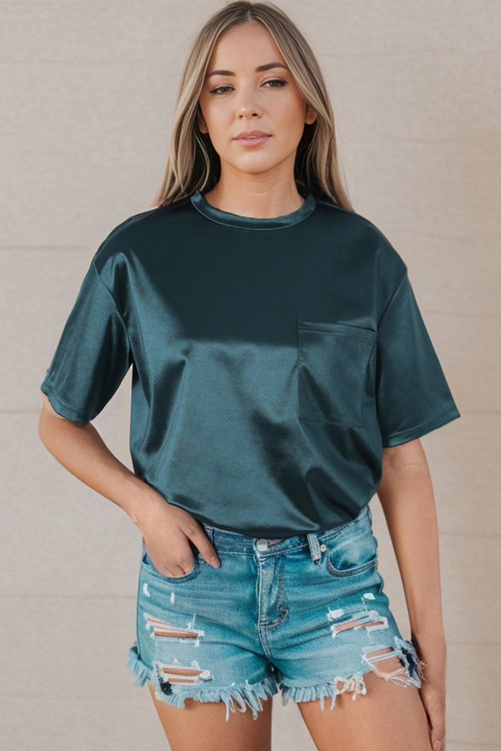 Apricot Glitter Chest Pocket Round Neck Long Sleeve Top