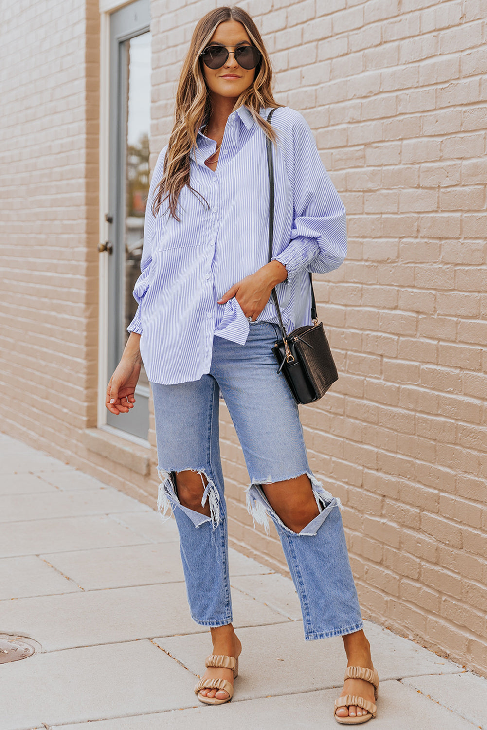 Pink Smocked Cuffed Striped Boyfriend Shirt with Pocket