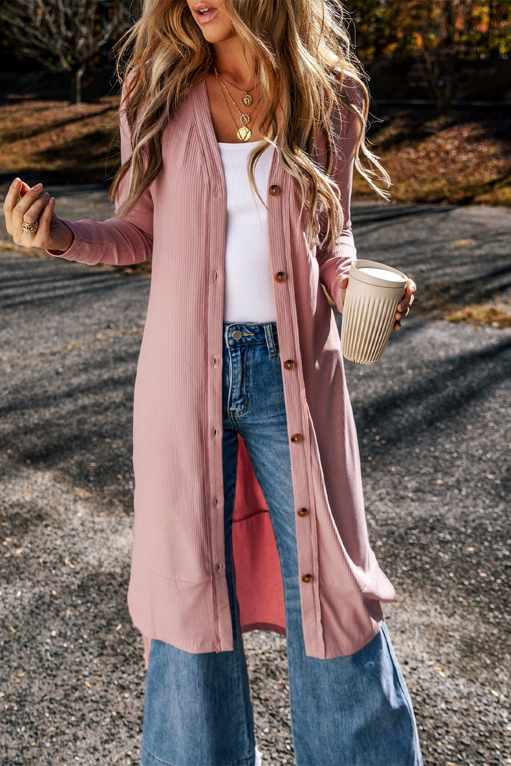 Gray Ribbed Button-Up Split Duster Cardigan