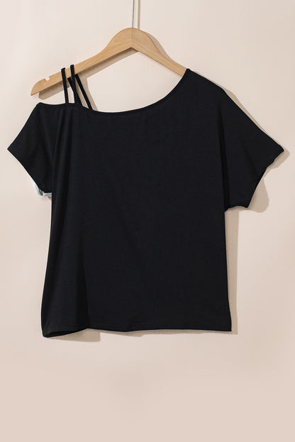 Black Asymmetric Strappy Cold Shoulder Long Sleeve Top