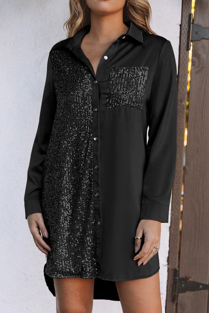 Khaki Sequin Splicing Pocket Buttoned Shirt Dress
