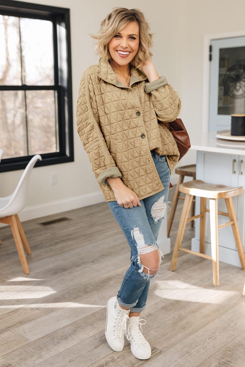 Coffee Solid Color Quilted Kangaroo Pocket Hoodie