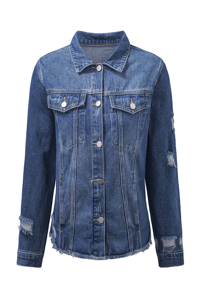 Dark Blue Plus Size Distressed Flap Pocket Denim Jacket