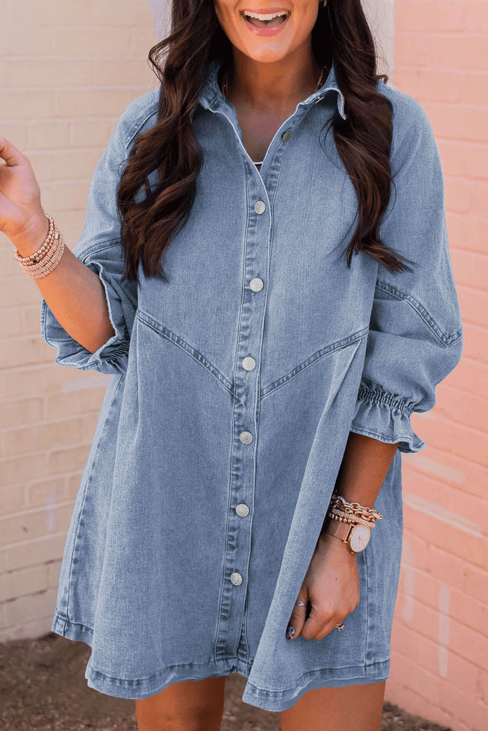 Gray Sequin Nutcracker Graphic Long Sleeve Shirt Denim Dress