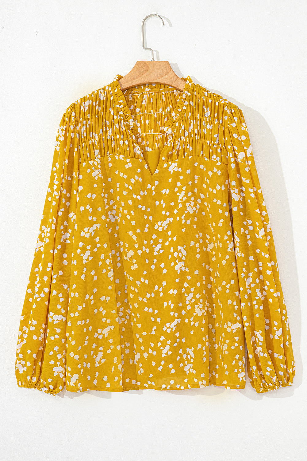 Yellow Split Neck Fall Printed Crinkled Blouse