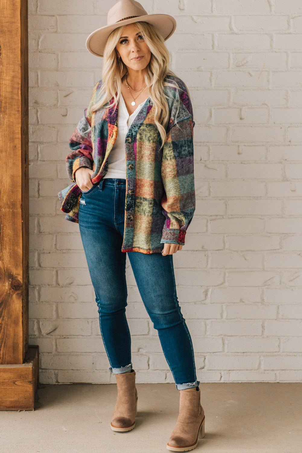 Multicolor Brushed Plaid Buttoned Pullover Oversized Hoodie
