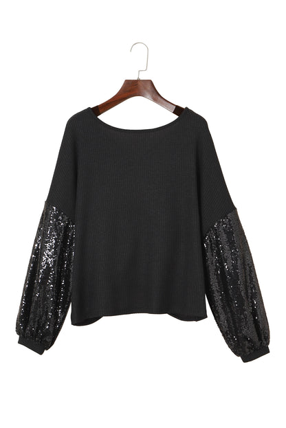 Burgundy Sequin Patchwork Sleeve Open Back Waffle Knit Top