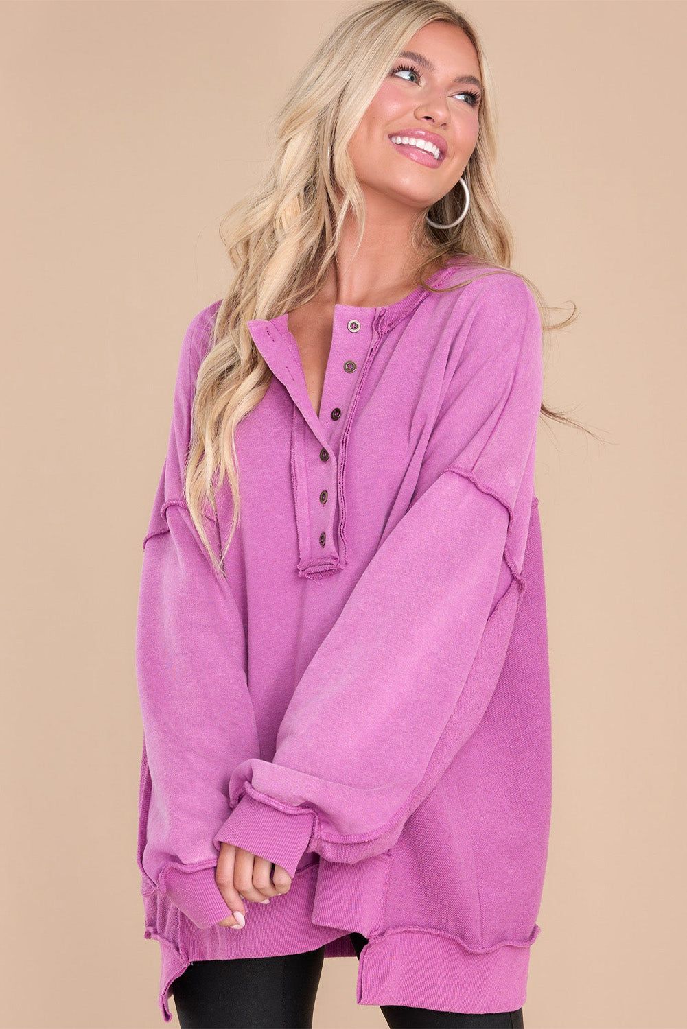 Green Oversized Exposed Seam Henley Sweatshirt