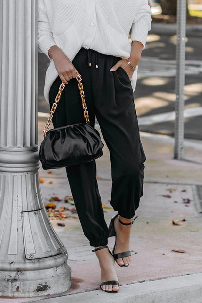 White Solid Color Drawstring Smocked Waist Joggers