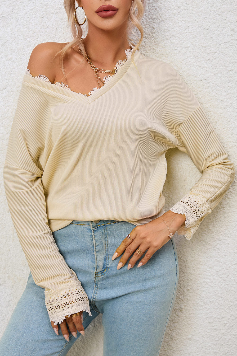 Black Ribbed Texture Lace Trim V Neck Long Sleeve Top
