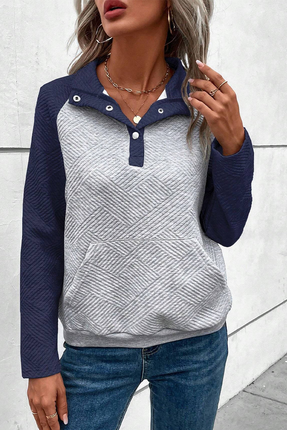Light Grey Textured Knit Buttoned Kangaroo Pocket Sweatshirt