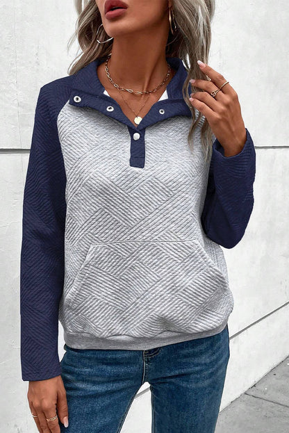 Light Grey Textured Knit Buttoned Kangaroo Pocket Sweatshirt
