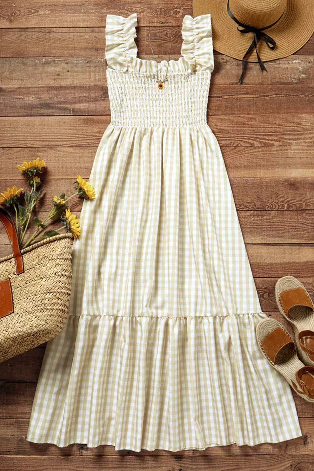 Khaki Plaid Ruffled Square Neck Smocked Tiered Maxi Dress