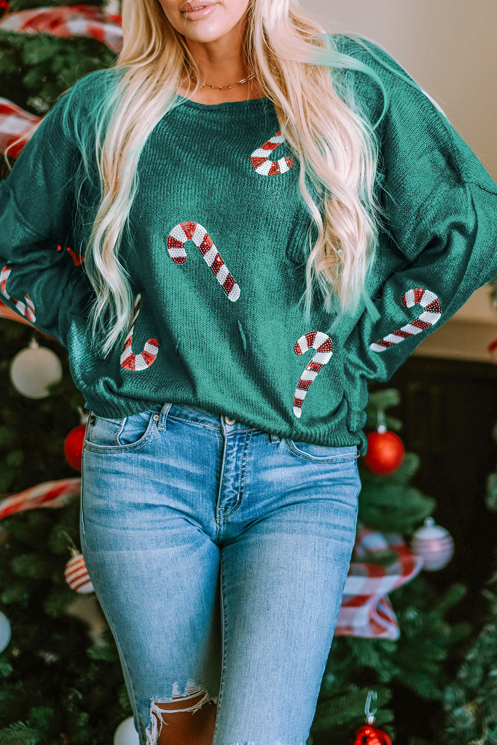 Fiery Red Sequined Christmas Tree Raglan Sleeve Sweatshirt