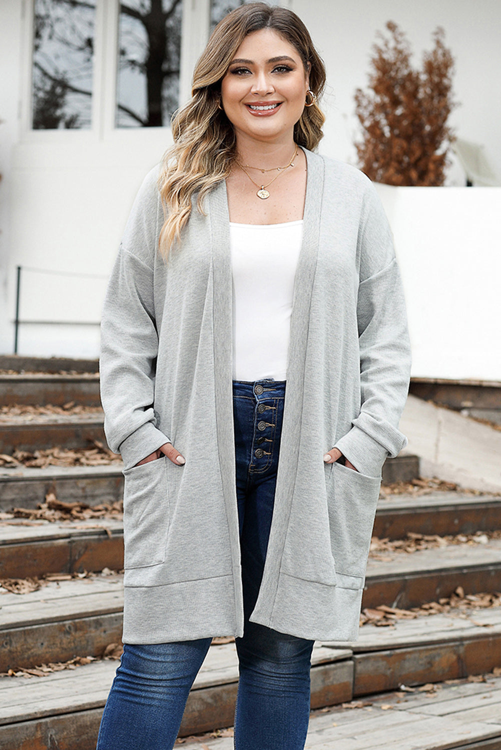 Light Gray Thermal Waffle Knit Pocketed Cardigan
