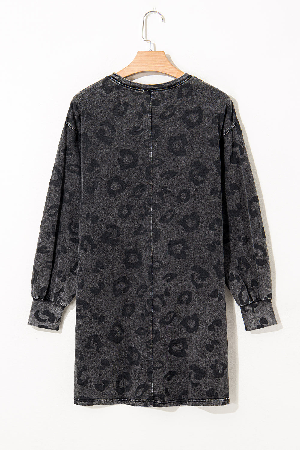 Gray Vintage Washed Leopard T-Shirt Dress with Pockets