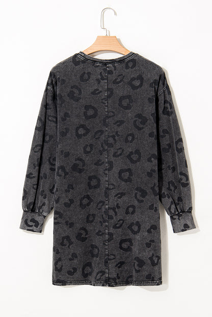 Gray Vintage Washed Leopard T-Shirt Dress with Pockets