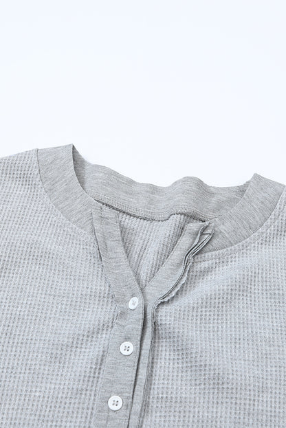 Black Trimmed Neckline Waffle Knit Henley Top