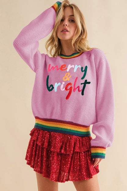 White Merry & Bright Colorful Stripes Trim Sweater