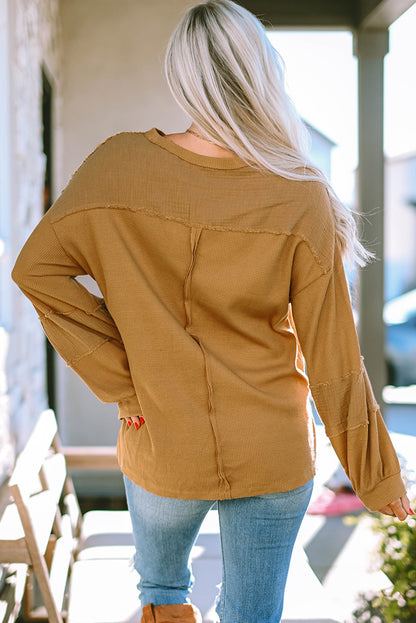 Gray Exposed Seam Patchwork Bubble Sleeve Waffle Knit Top