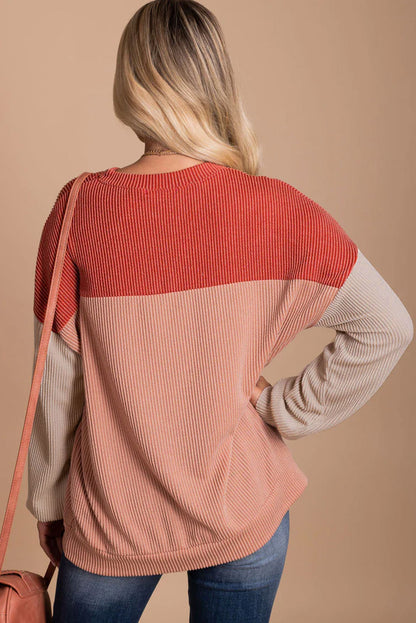 Mineral Red Plus Size Ribbed Colorblock Long Sleeve Top