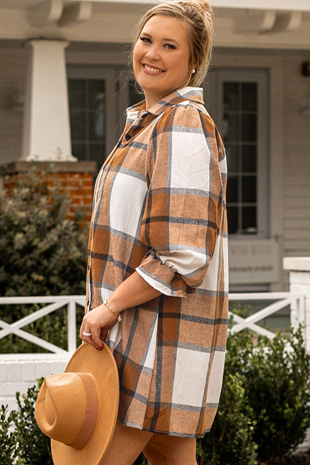 Khaki Plaid Pattern Collared Neck Ruffled Sleeve Shirt Dress