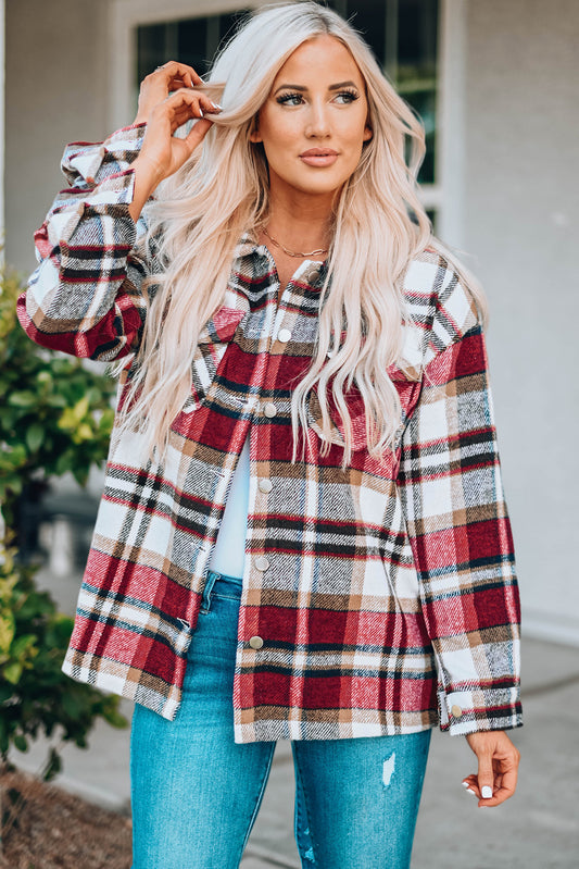 Navy Blue Plus Size Plaid Flap Pocket Shacket