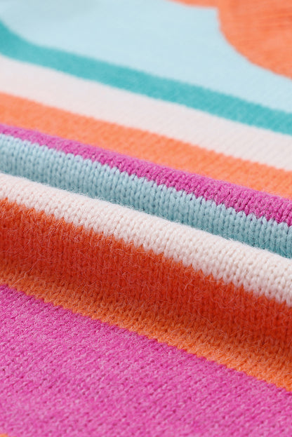 Multicolour Striped Knit Drop Shoulder Puff Sleeve Sweater