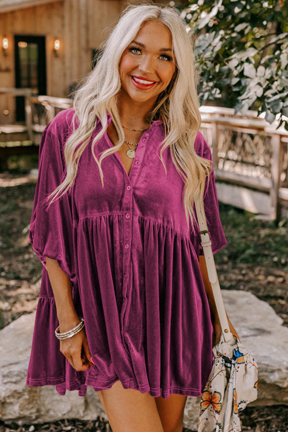 Pale Khaki 3/4 Sleeve Tunic Babydoll Velvet Shirt